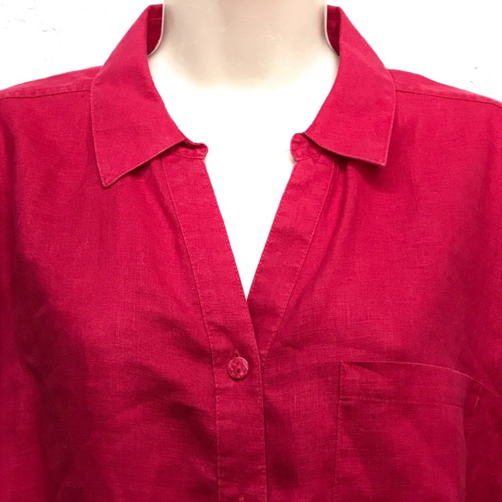 Chicos No-Iron Linen Shirt Top Size 2 Magenta 3/4 Sleeve Button Up Pocket L 12 - Picture 2 of 8